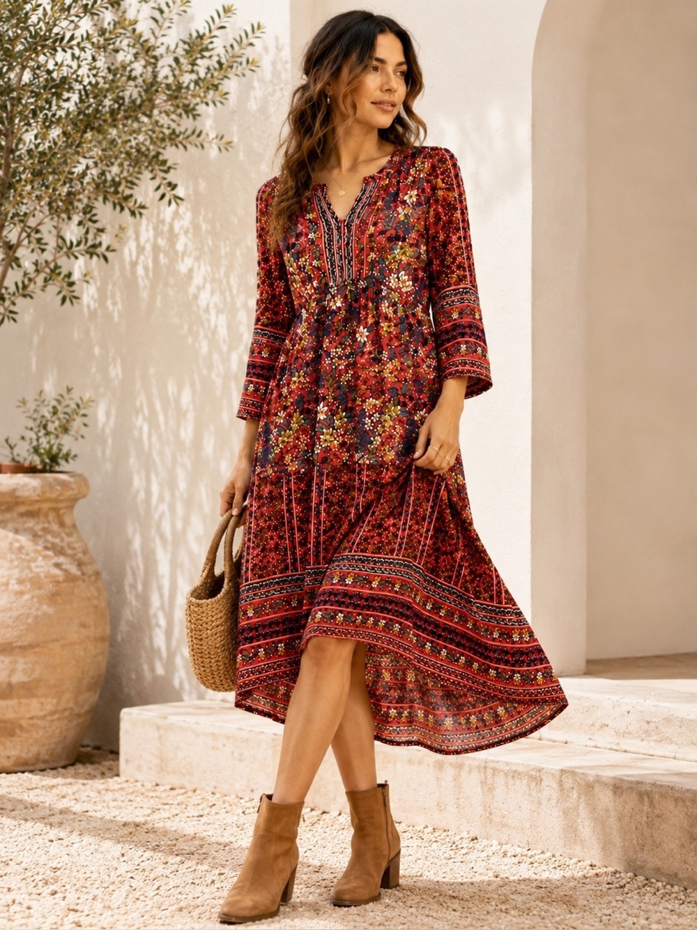 Jodifl Red Floral Boho Midi Dress 3/4 Sleeve High Low Hem Size Large Western